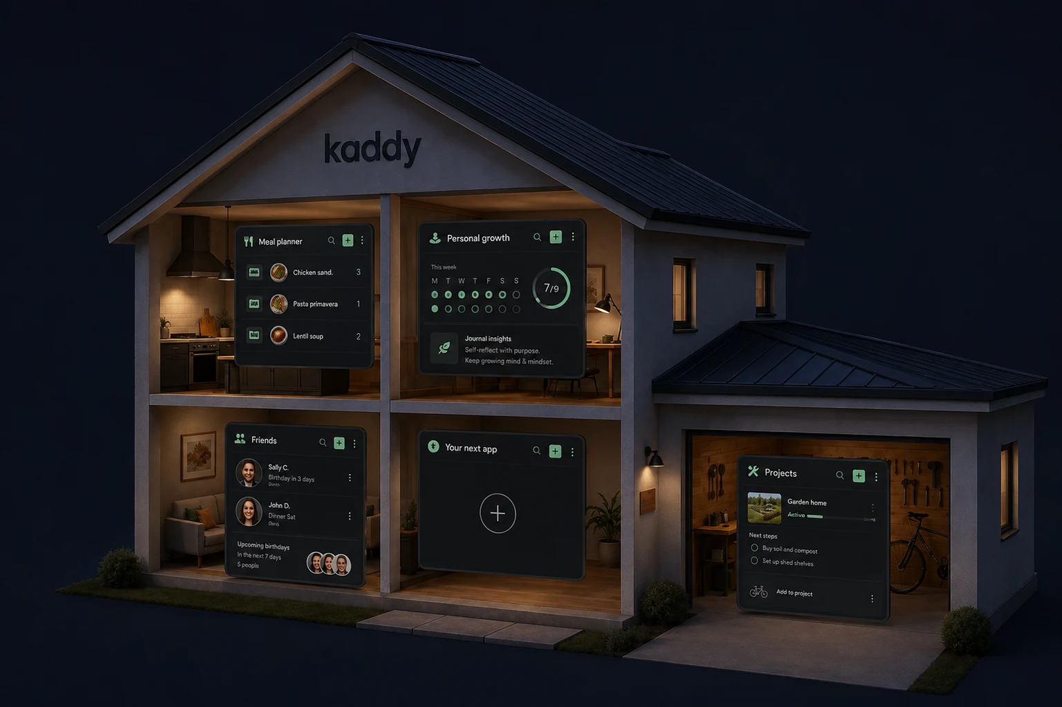 Kaddy shown as a home whose rooms are personal apps: a meal planner, personal growth, friends, and space for your next app.
