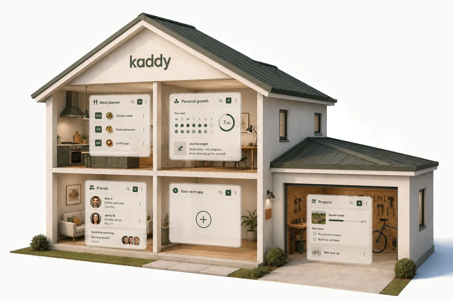 Kaddy shown as a home whose rooms are personal apps: a meal planner, personal growth, friends, and space for your next app.